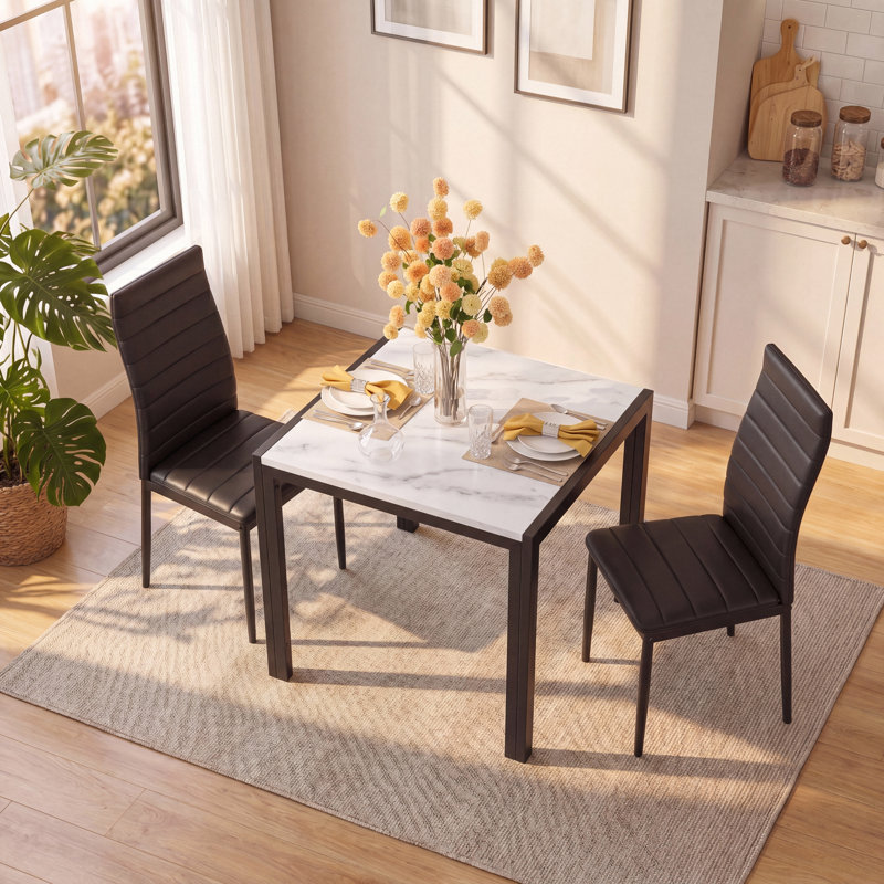 3-Piece Dining Set with Faux Marble Table Top, White