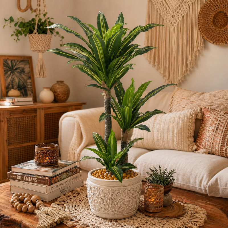 6FT Artificial Brazilian Iron Tree with Thick Trunk – 2-Head Faux Dracaena Fragrans Plant in Vintage White Pot with Yellow Pebbles, Realistic Fake Tree for Indoor Outdoor Home Office Decor, Easy Assembly