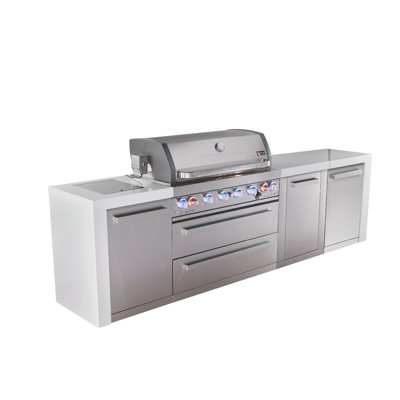 Mont Alpi Premium 119"W X 23"D X 46"H Deluxe Stainless Steel Modular Outdoor Kitchen Island with Side Burner + 44"W 6-Burner BBQGrill + Granite Countertops & Sides + Storage Cabinets & Drawers + Weather Cover + Natural Gas Convertible + Lifetime Warranty