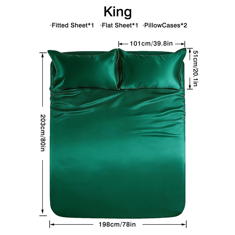 Ensemble de draps en satin 4 pièces - doux 85 g et soyeux - couleur unie lavable à la machine, Vert