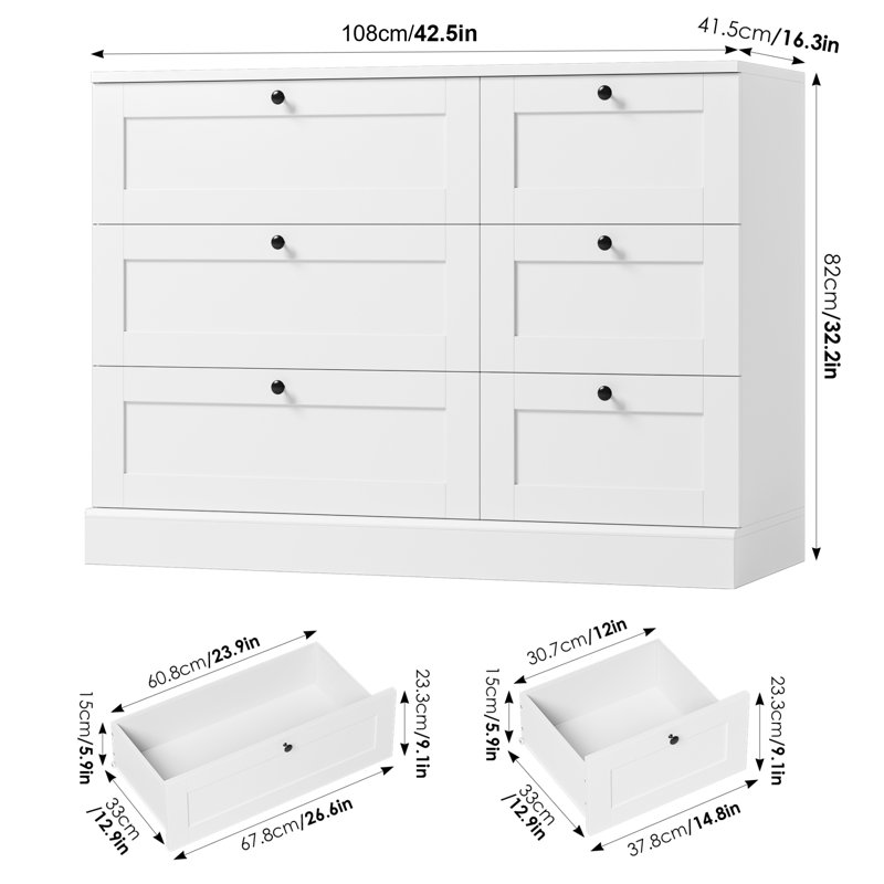 Commode double moderne à 6 tiroirs l 43,31 po Beckwourth, Blanc