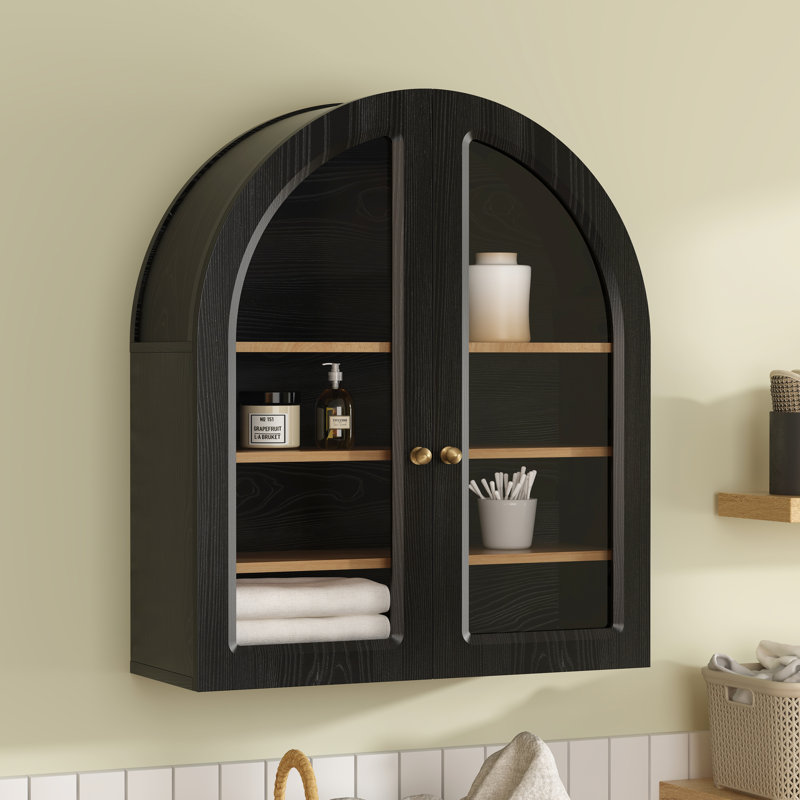 Modern Arch Wall-Mounted Storage Cabinet – Adjustable Shelf, Copper Handle, 22Lbs Load Capacity Per Shelf, Black