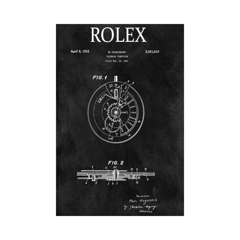 Rolex Calendar Time Piece, 1951- Black by Dan Sproul - Wrapped Canvas Print, 30.48cm H x 30.48cm W