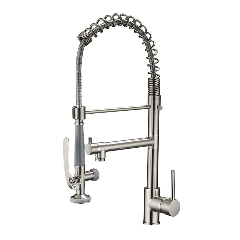Robinet de cuisine commercial en nickel brossé - poignée simple moderne chaude et froide avec fonction rétractable