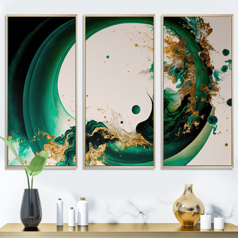 «Dojno Emerald Green and Gold Abstract Waves II», reproduction sur toile 3 pièces, H 28 po x l 36 po x P 1 po