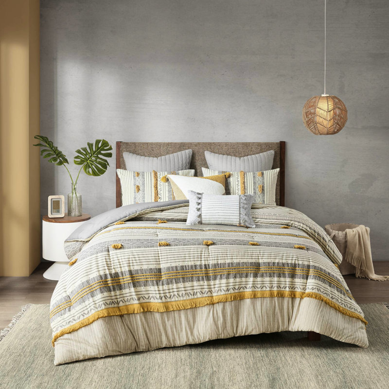 Édredon 3 pièces gris / jaune double / grand, imprimé 100% coton rayé, rembourrage, literie distinctive avec imprimé et attrayant