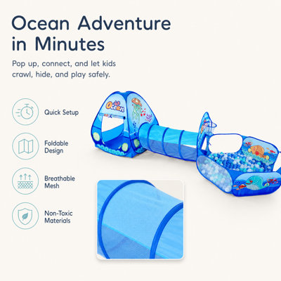 Kids Play Tent Ball Pit Tunnel Set, Foldable Ocean Theme 3-Piece Pop Up Dome Tent with Crawl Tunnel & Ball Pool for Toddlers