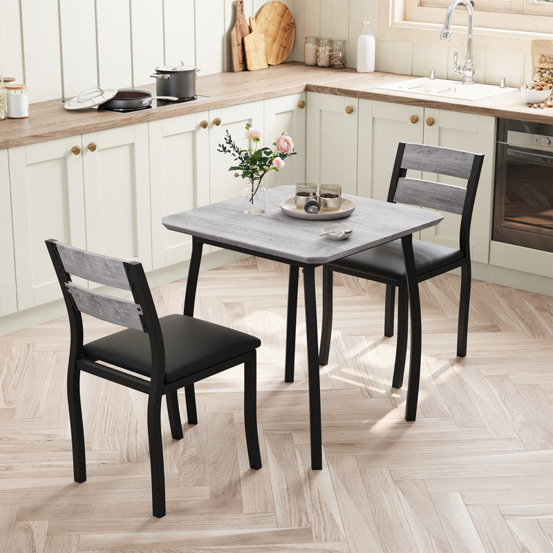 3 Piece Dining Table Set, Farmhouse Kitchen Table and Upholstered Chair, Metal Frame Square Dining Room Furniture, Gray