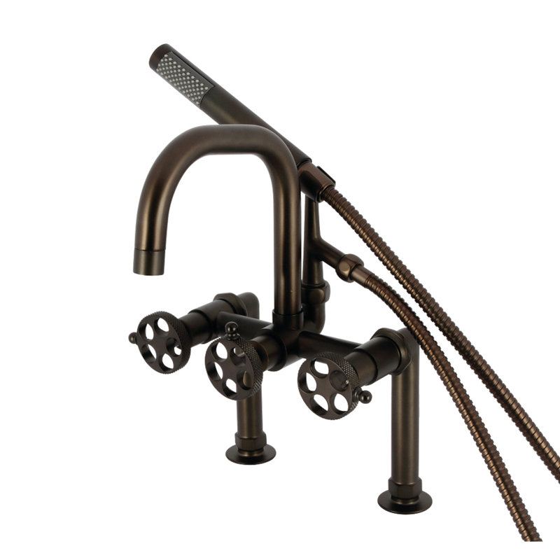 Robinet de baignoire à pattes à fixation sur le comptoir à trois poignées Webb avec douche à main, Brun foncé