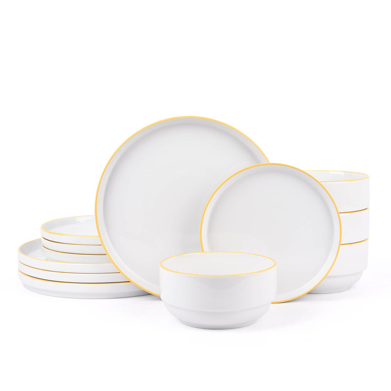 Waterside 12pc Stackable Colour Rim Porcelain Dinner Set, White/Yellow