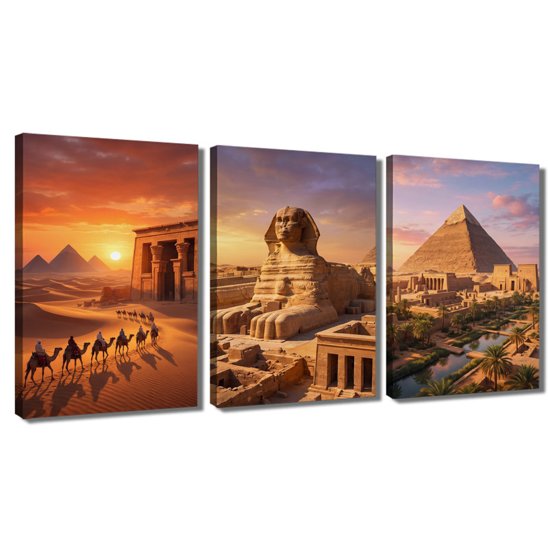 Pyramide et sphinx de l'Egypte ancienne, ensemble de 3 impressions sur toiles tendues avec châssis de qualité supérieure