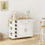 Chariot multifonctionnel pour îlot de cuisine avec armoire à 2 portes et deux tiroirs, support à épices, porte-serviette, support à vin et plateau de table en bois d'hévéa pliable