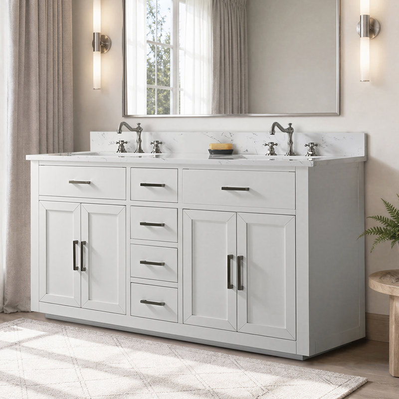 Arrthor 60'' Freestanding Double Bathroom Vanity with Engineered Stone Top, White, 60", Soft Carrara White