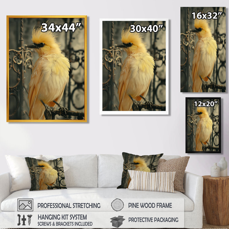 Élégance d'oiseaux en cage jaune et noir, Toile argentée avec cadre flottant, H 20 po x l 12 po x P 1 po