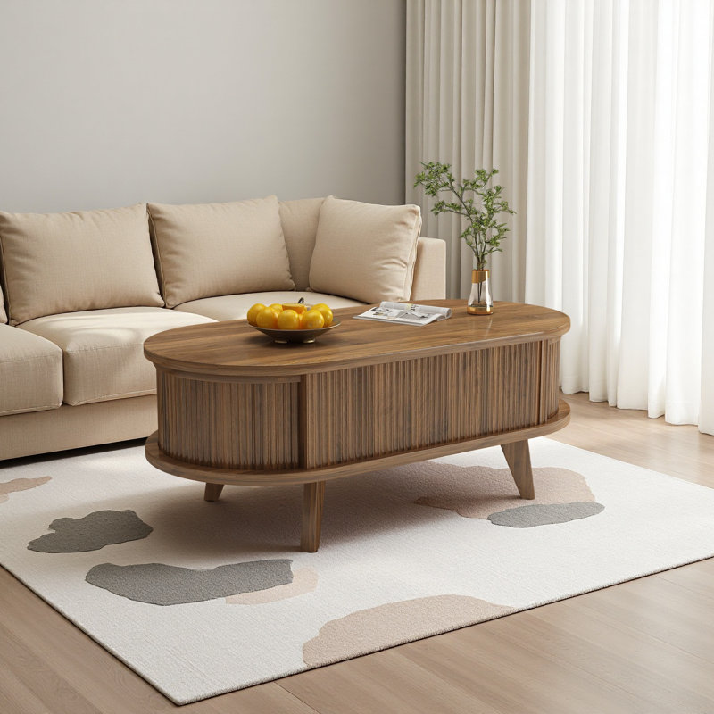 Table basse cannelée à plateau relevable avec compartiment caché, table centrale en bois, plateau de table ovale moderne pour bureau de salon à domicile