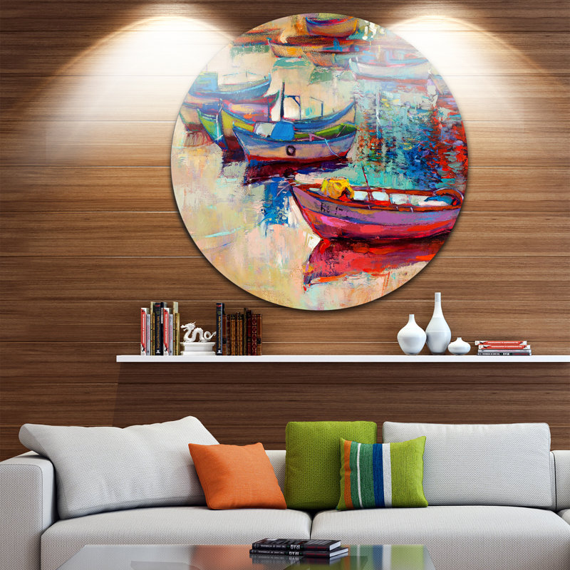 Bateaux et océan - art mural rond en métal paysage marin, H 38 po x l 38 po x P 1 po, Métal