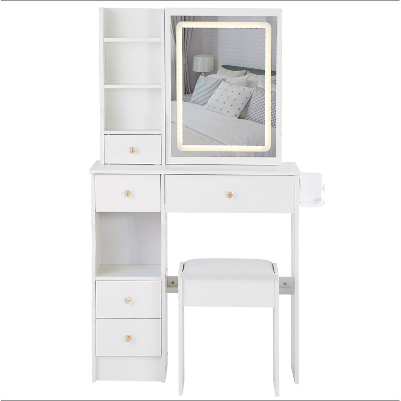 Petit meuble-lavabo de 29,2 po avec tiroir à gauche + tabouret rembourré, 2 blocs d'alimentation CA + 2 ports USB, support pour sèche-cheveux, très grand miroir coulissant à commande tactile à DEL, réglage de la luminosité tricolore, réglage de la luminosité