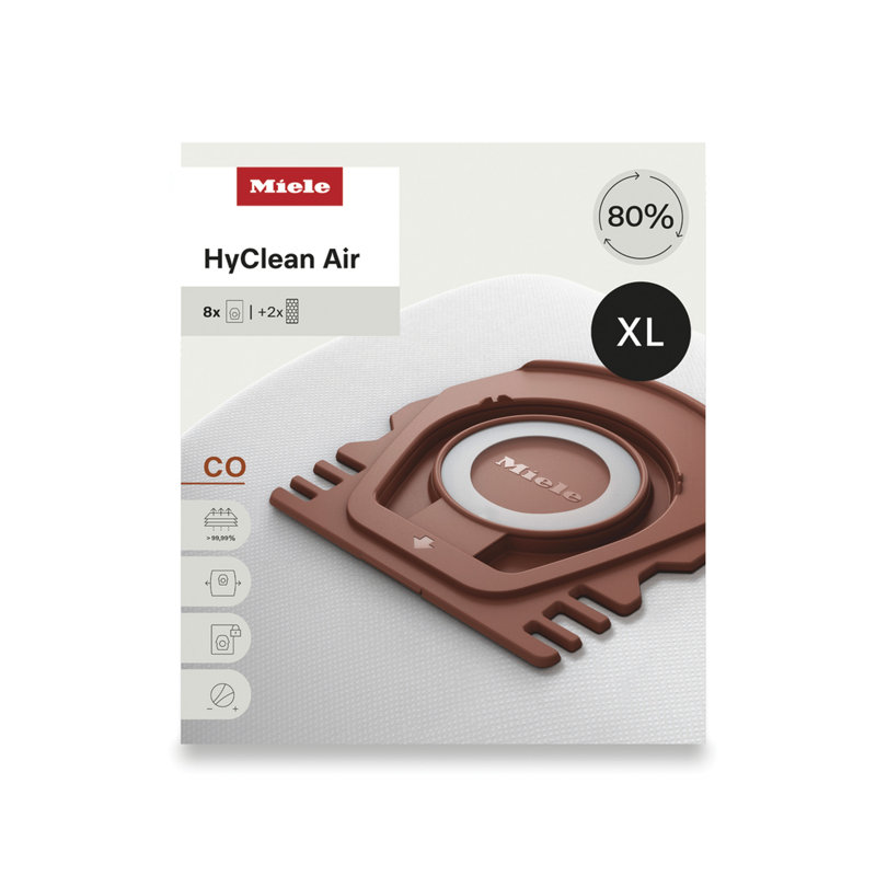 Miele HyClean Air CO Vacuum Cleaner Bags for Miele Guard M1 Vacuum Cleaners, XL Pack of 8 Vacuum Bags and 2 AirClean Exhaust Filters