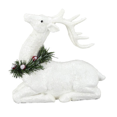 Sitting Deer with Faux Pine Accent - 3.5" x 7.5" x 7.5" - White, Green, Red