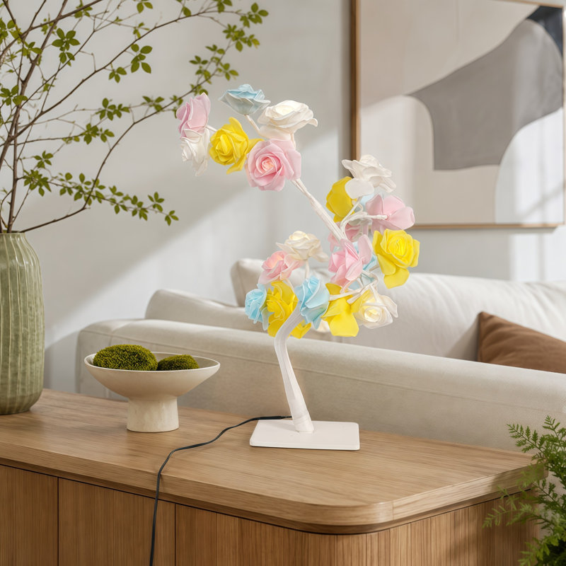 14.96in Artificial Rose Branch Table Lamp, White Plastic Floral Desk Lamp, USB Powered Inline Button Control Adjustable Shape Night Light