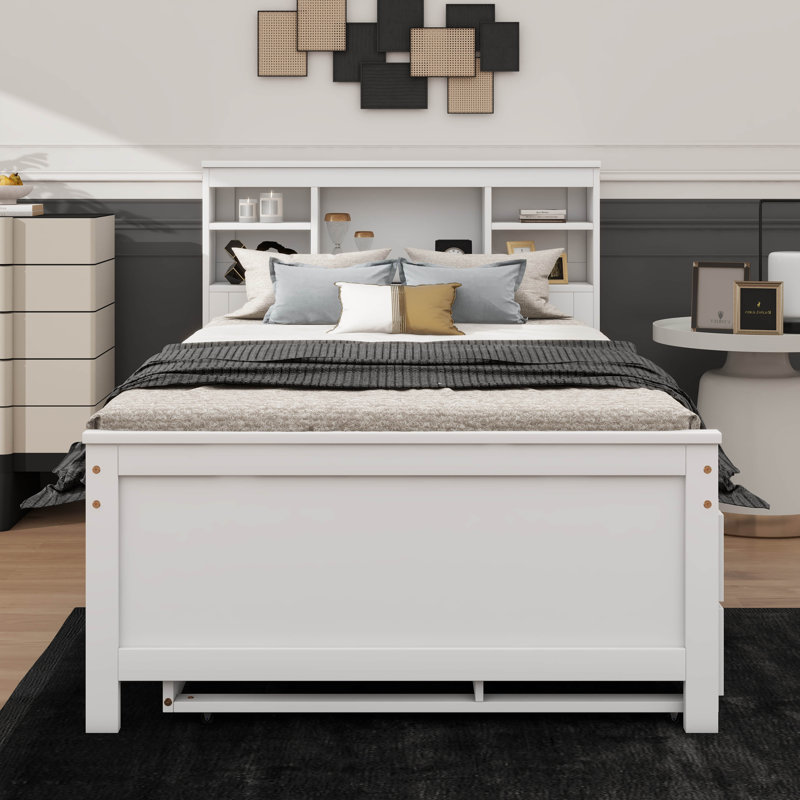 Lit plateforme avec tête de lit avec rangement, ports USB, lit gigogne simple et 3 tiroirs, Lit simple, Blanc
