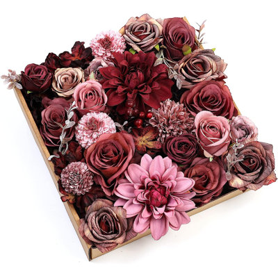 Fleurs artificielles combinées 25 pièces Dahlia en soie Faux fleurs roses pour les bouquets de mariage de bricolage bourgogne centres de table arrangements fête de mariage douche de bébé décorations pour la maison (bourgogne)