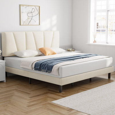 King Bed Frame Upholstered Platform with Headboard and Strong Wooden Slats by Latitude Run