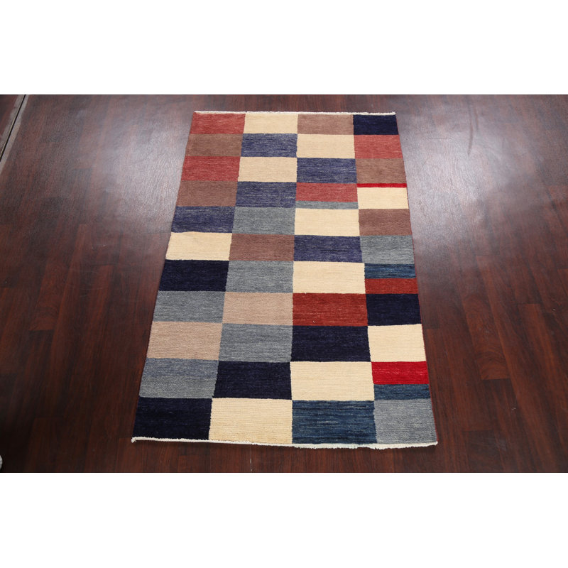 Tapis unique en laine noué à la main bleu marine / rouge / beige / noir nouvel âge 4 pi x 6 pi 2 po