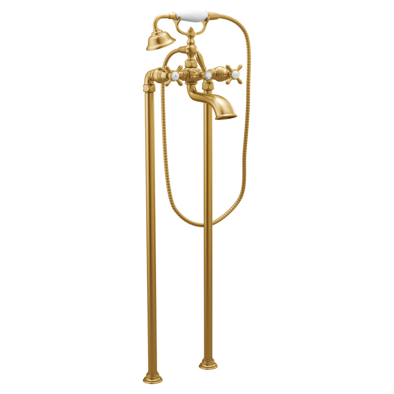 Weymouth Double Handle Wall Mounted Tub Spout Trim with Diverter and Handshower, Brushed Gold