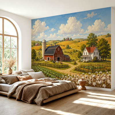 Wall Mural Peel and Stick Wallpaper Rustic Farm Landscape Red Barns White Farmhouse Rolling Hills Grazing Self-Adhesive Removable Contact Paper Wall Decor for Living Room Bedroom 69"H x 96"W