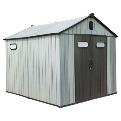 Remise de rangement extérieure en résine, remise de jardin en plastique imperméable avec porte verrouillable, fenêtres et évents, remise à outils extérieure pour meubles de patio, tondeuse à gazon, vélo