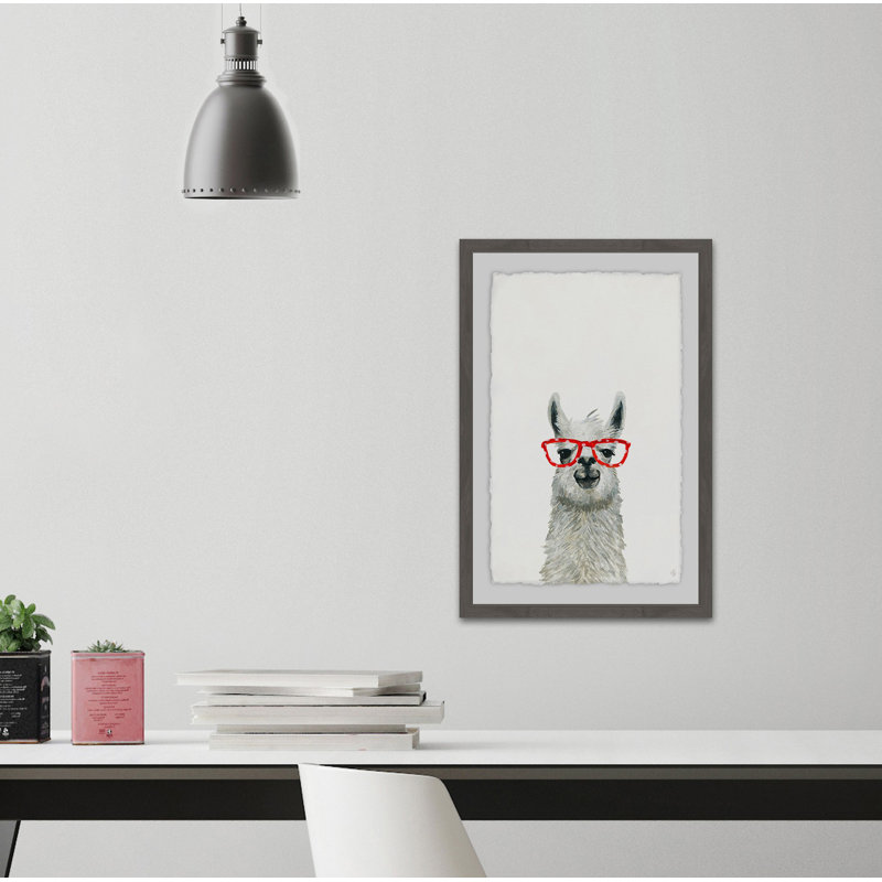Red Trendy Llama - Painting, Brown Framed, 61cm H x 41cm W