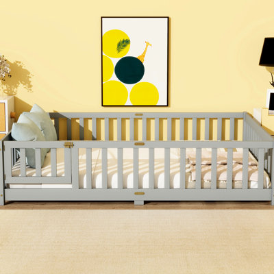 Grey Full Size Rubber Wood Floor Bed With Fence, Ideal For Small Bedrooms, Helps Become Self - Fence And Revolving Door, ' Sleep Transition, Solid Build