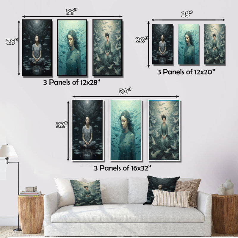 «Mindfulness Grace Woman Meditation», 3 pièces sur toile, Cadre noir, H 36 po x l 20 po