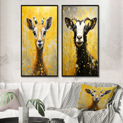 Popart, portrait de chèvre jaune - ensemble de 2 impressions sur toile de chèvre