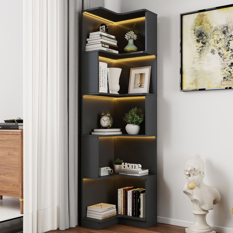 5-Tier Black Corner Bookcase with Display Led Lights, L-Shaped Shelves with Baffles, Wooden Bookshelf for Living Room & Office