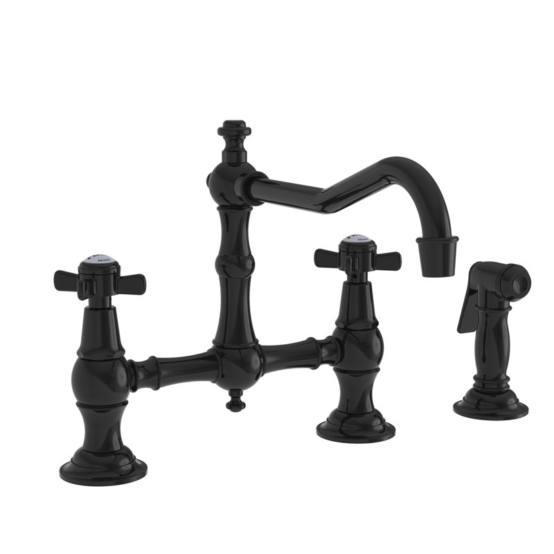Chesterfield Kitchen Bridge Faucet with Side Spray, Gloss Black, Cross