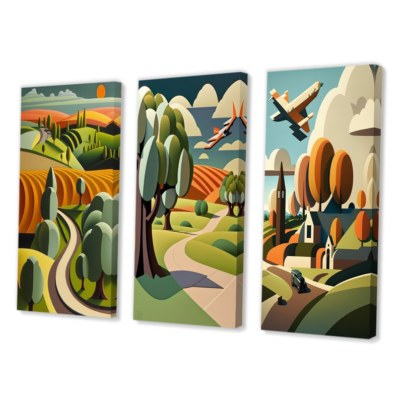 «Abstract Landscape Of Road To Rustic Mountains V», ensemble de 3 pièces d'art abstrait, Toile tendue, H 36 po x l 20 po