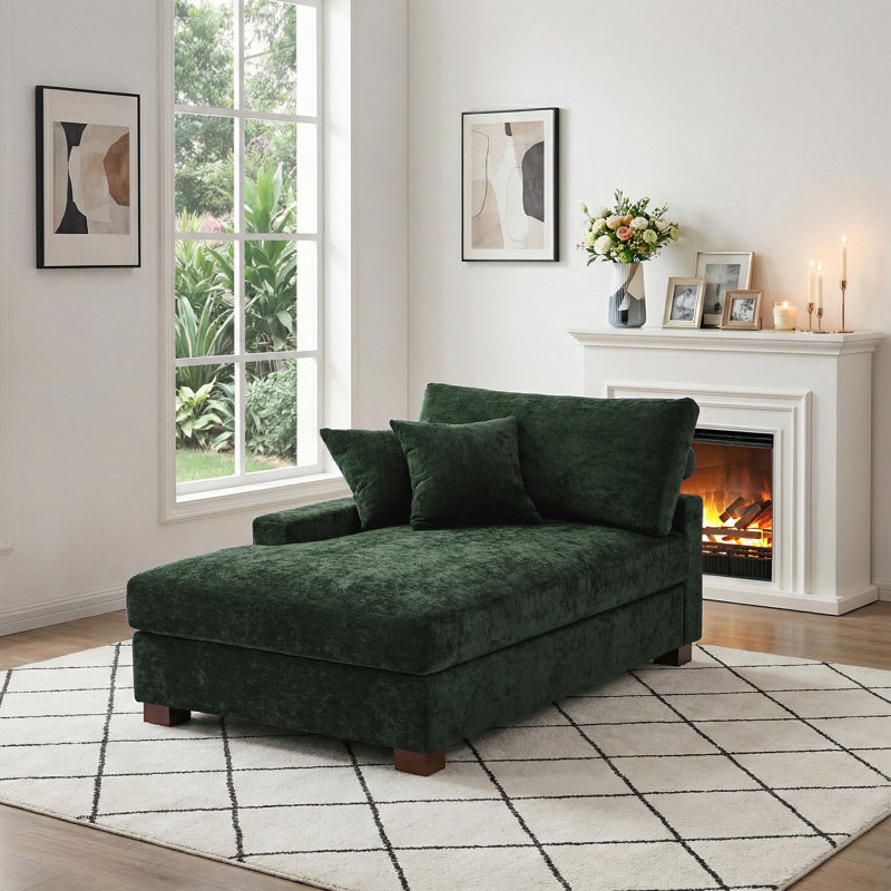 Milbrey Oversized Upholstered Chaise Lounge with Armrests & Throw Pillows, Left Hand Facing, Chenille, Green