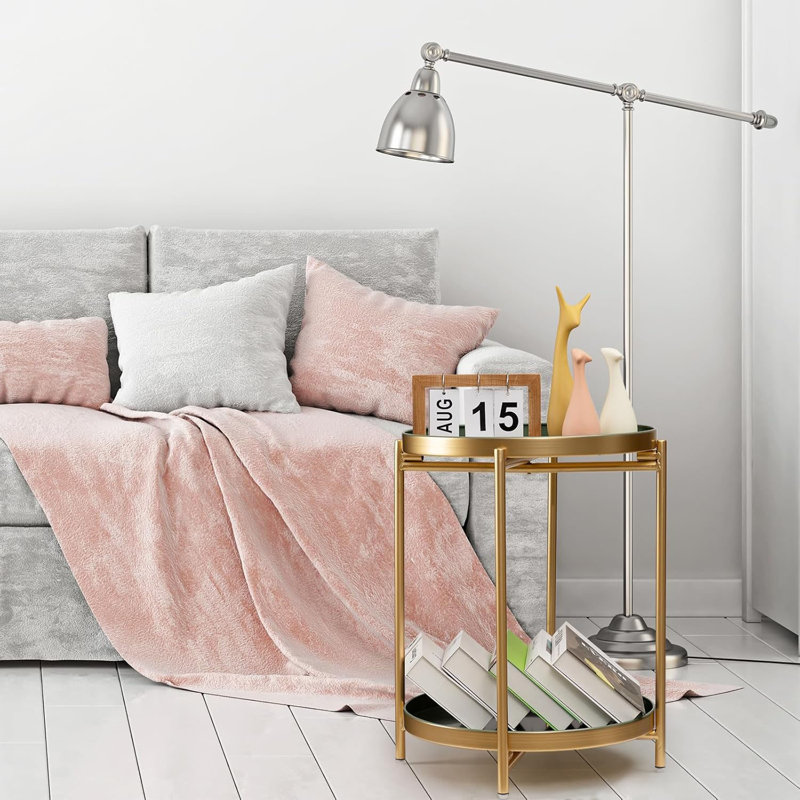 2 Tier Side Table, Folding Round Metal End Table Small Nightstand With Two Removable Tray For Bedroom Living Room Bedside Small Spaces