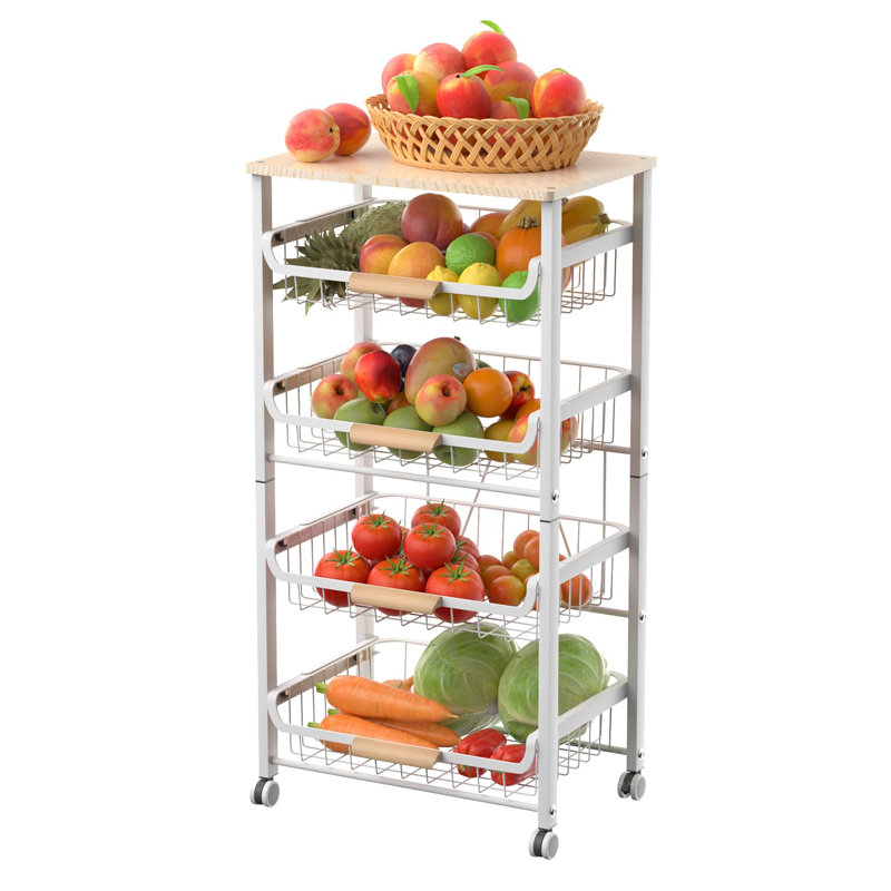 5-Tier Pull-Out Metal Storage Cart with Wooden Top, Sliding Baskets, Handle, and Rolling Wheels