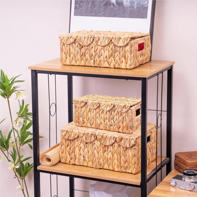 Ensemble de 3 paniers de rangement en osier festonné avec couvercle, panier de rangement rectangulaire en osier avec poignées intégrées