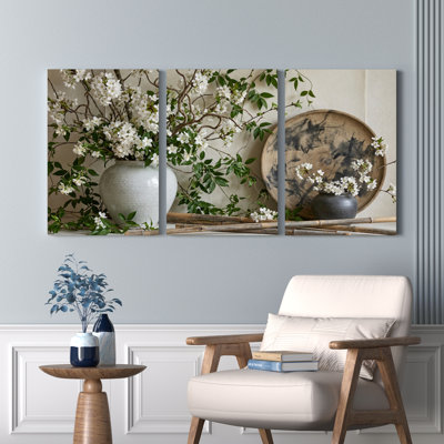 Fleurs blanches et feuilles vertes, ensemble de 3 reproductions d'art sur toile tendues sur toile