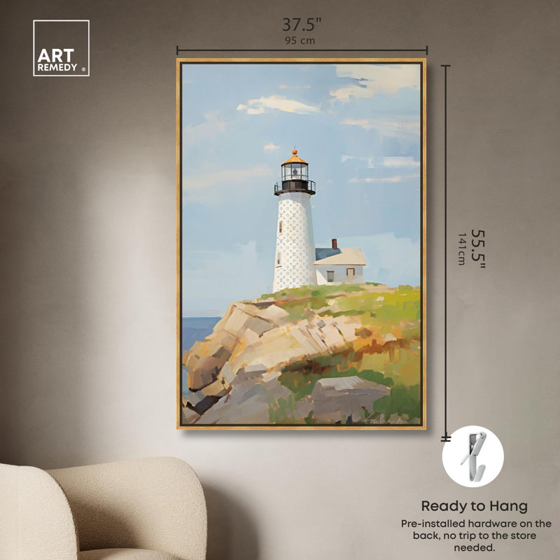 Art mural bord de mer avec phare au lever du soleil, Cadre doré, H 55 po x l 37 po