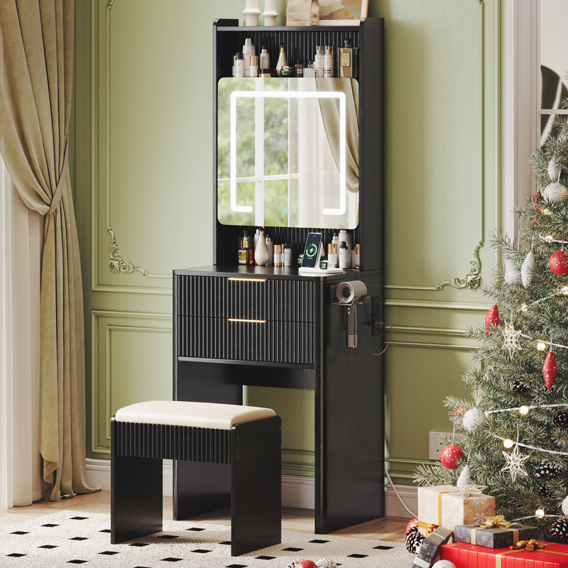 21" Makeup Vanity with Stool, Vanity Set With Light Mirror and Two Sockets And Usb Port,  for Bedroom and Apartment , Black