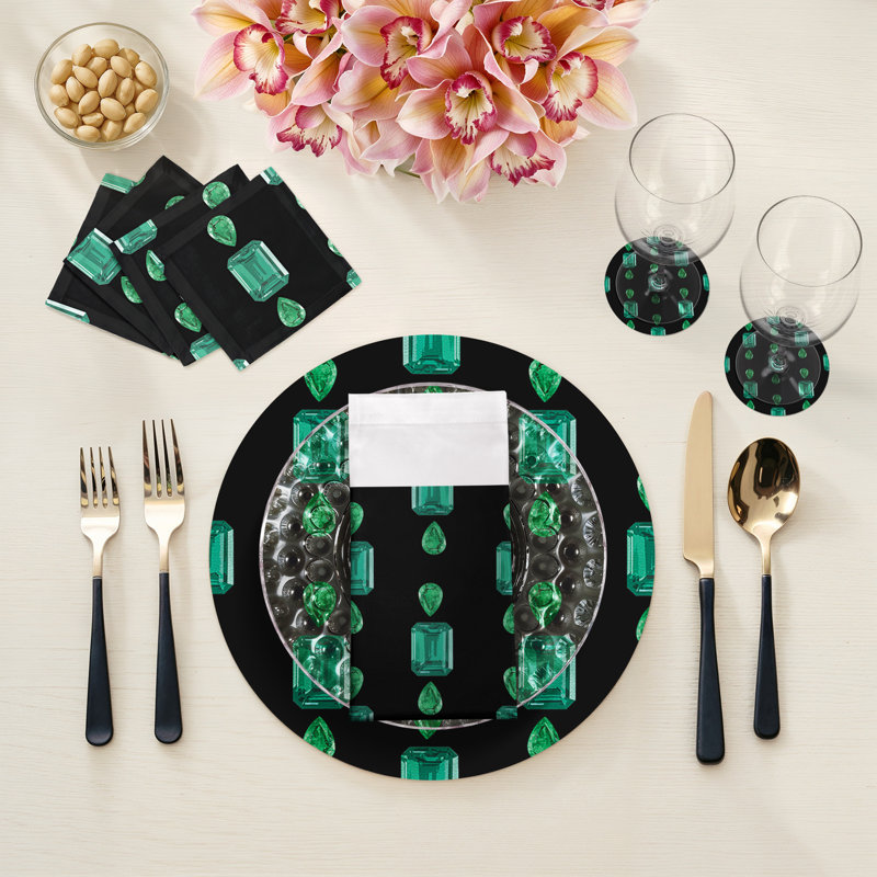 Gem Emeralds Vegan Leather Round Pebble Placemat, Black, Emeralds