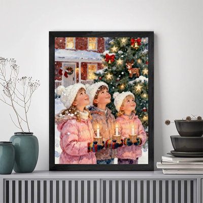 Black Framed Vintage Christmas Eve - Happy children holding candles in front of the Christmas tree Wall Art Retro Style Framed Prints