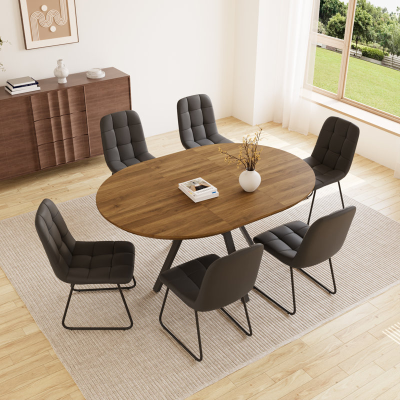 Ensemble de table de salle à manger extensible de 43,2 po à 59,1 po, table de cuisine ronde en bois de style Mid-Century, table basse en noyer pour 4 à 6 personnes, fauteuil en cuir synthétique