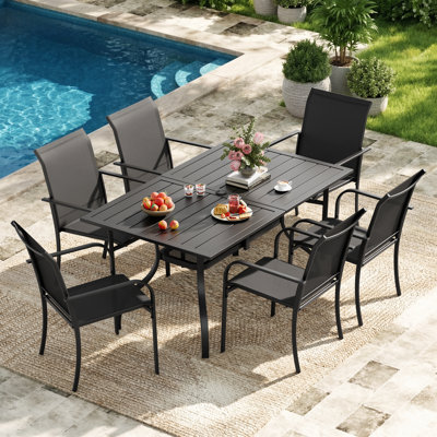 Ensemble repas pour 6 personnes avec table de salle à manger rectangulaire en métal et accoudoirs empilables en textilène (noir)