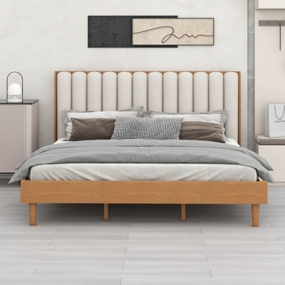 Wood Bed With Piano Key Style Upholstered Headboard & Reinforced Frame